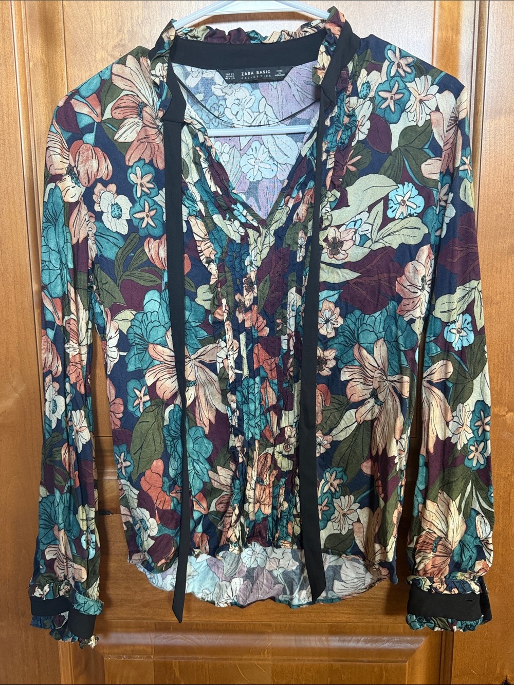 Zara Floral Tie-Neck Long Sleeve Blouse